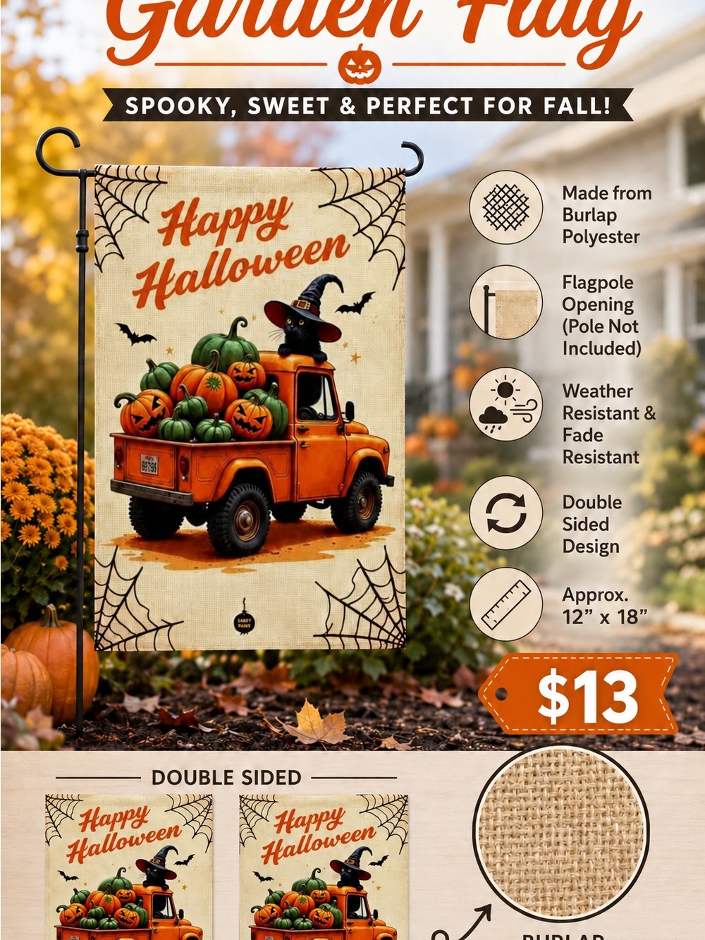 Garden Flag, Happy Halloween Truck, Burlap, Double-sided, approx 12”x18”